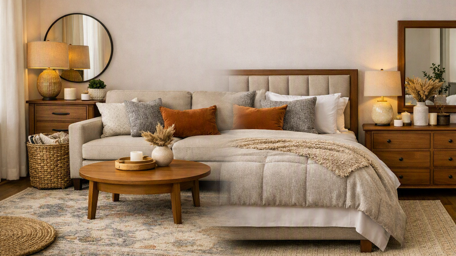 A staged bedroom scene featuring a beige upholstered bed with a wooden headboard, styled with neutral-toned pillows, a cream quilt, and rust-orange accent pillows. A round wooden coffee table, matching nightstands, lamps, a mirror, and a patterned rug are arranged around the bed in a warm, neutral-toned room.