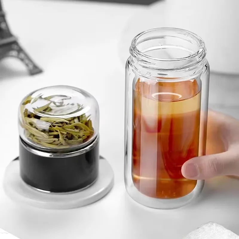 2026 NEW High Borosilicate Glass Tea Infuser Bottle 420ML Double Wall Insulated Tumbler with Tea Filter, Hot Cold Drinkware