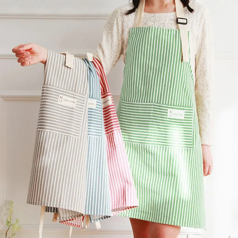 Household Striped Linen Apron Sleeveless Hanging Neck Elasticity Adjustable Apron Kitchen Cooking Gardening Kitchen Accessories