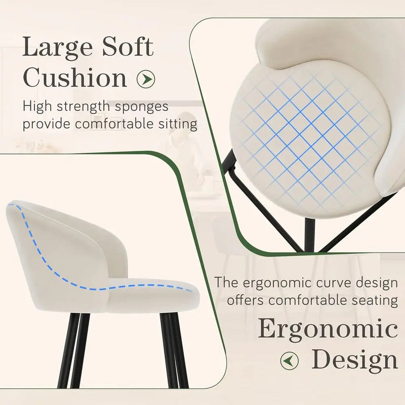 Set of 4, 24 Velvet Counter Height Barstools with Backrest and Metal Legs, Beige