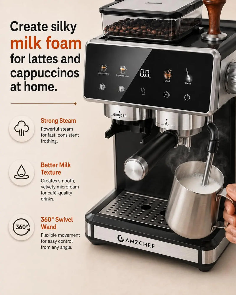 Espresso Machine with Grinder, Latte & Cappuccino for Home Use | 20 Bar Coffee Maker, Milk Frother, 3-Level PID Temp Control, 20