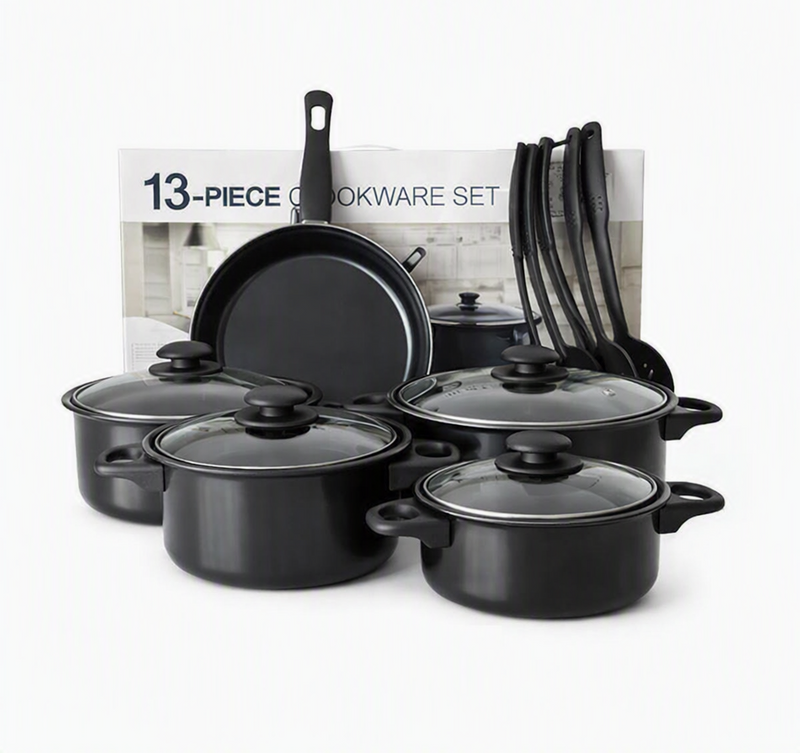 13-Piece Minimalist Metal Cookware Set with Tempered Glass Lids