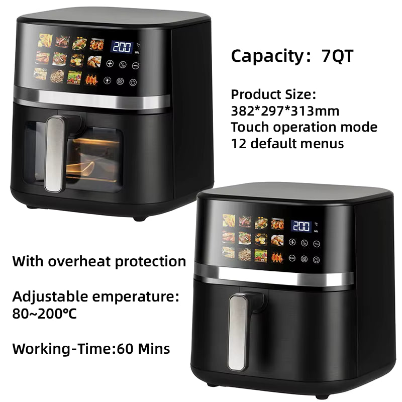 Modern 12 in 1 Visible Glass Basket Air Fryer 1500W Digital Touch Control Nonstick Oil-Free 7QT Air Fryer