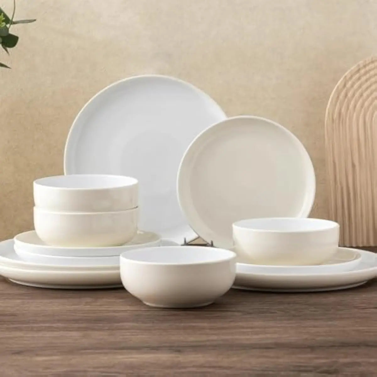 Stoneware Dinner Set for 4 People • 12-Piece Glossy Tableware Collection • 4 Dinner Plates 10.5 in • 4 Salad Plates 8.25 in • 4
