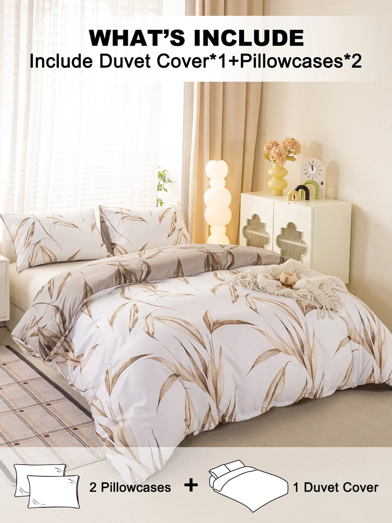 3pcs Fashion Reversible Watercolor Brown Tropical Leaf Printed Duvet Cover Set, Soft And Breathable, All-Season Universal