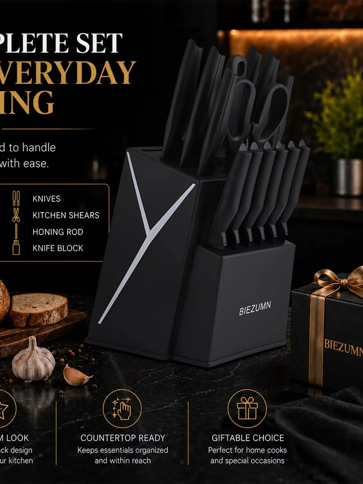 15-piece kitchen knife set with knife block, full stainless steel kitchen knife set, including chef's knife, slicing knife, steak knife and kitchen scissors, for home kitchen, ideal for home cooking and professional ch