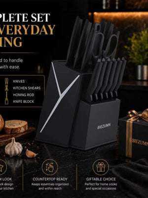 15-piece kitchen knife set with knife block, full stainless steel kitchen knife set, including chef's knife, slicing knife, steak knife and kitchen scissors, for home kitchen, ideal for home cooking and professional ch