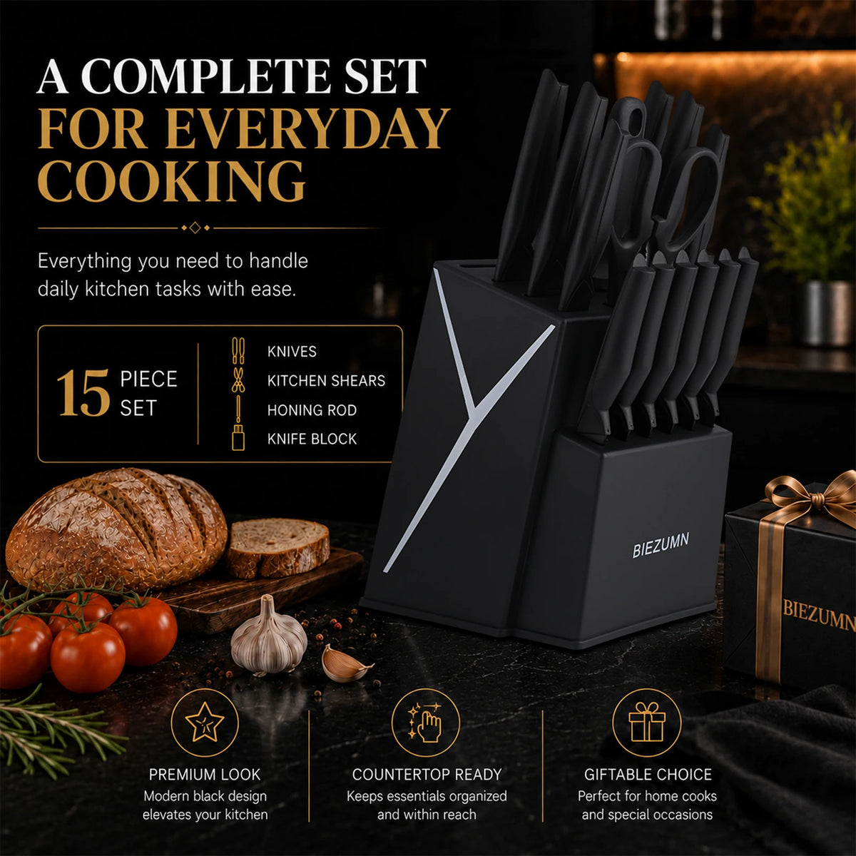 15-piece kitchen knife set with knife block, full stainless steel kitchen knife set, including chef's knife, slicing knife, steak knife and kitchen scissors, for home kitchen, ideal for home cooking and professional ch