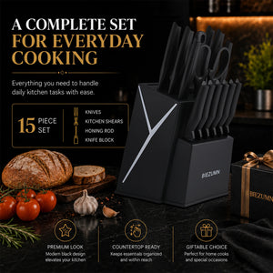 15-piece kitchen knife set with knife block, full stainless steel kitchen knife set, including chef's knife, slicing knife, steak knife and kitchen scissors, for home kitchen, ideal for home cooking and professional ch