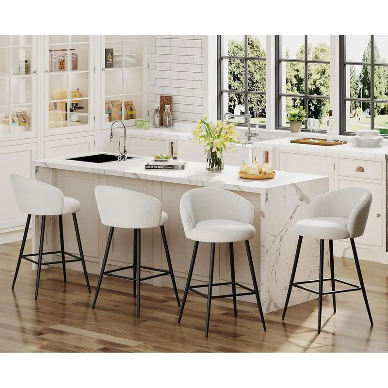 Set of 4, 24 Velvet Counter Height Barstools with Backrest and Metal Legs, Beige