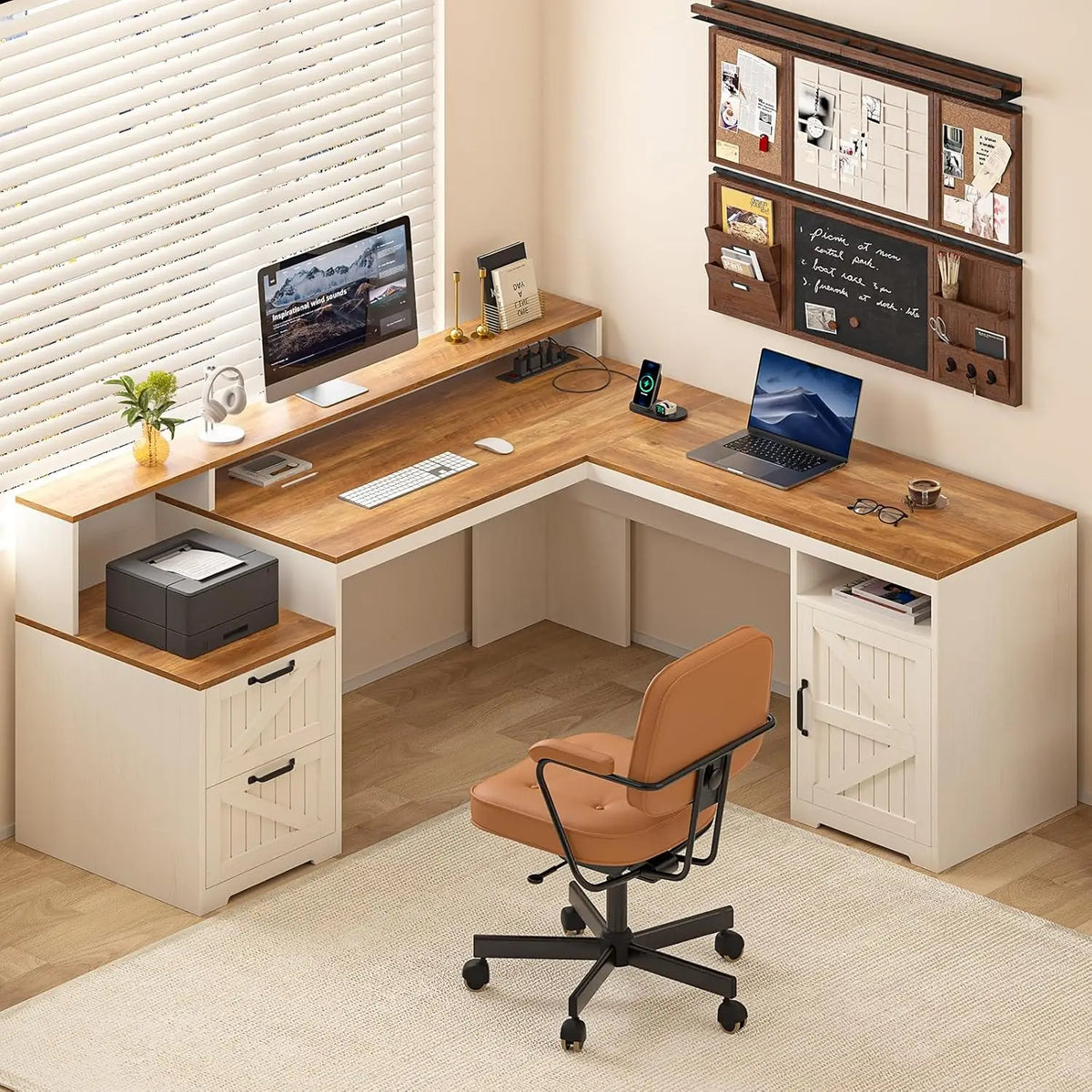 63" Farmhouse L Shaped Executive Desk with Drawers & Storage Shelf, Corner Computer Desk with Power Outlets, L Shaped, Custom