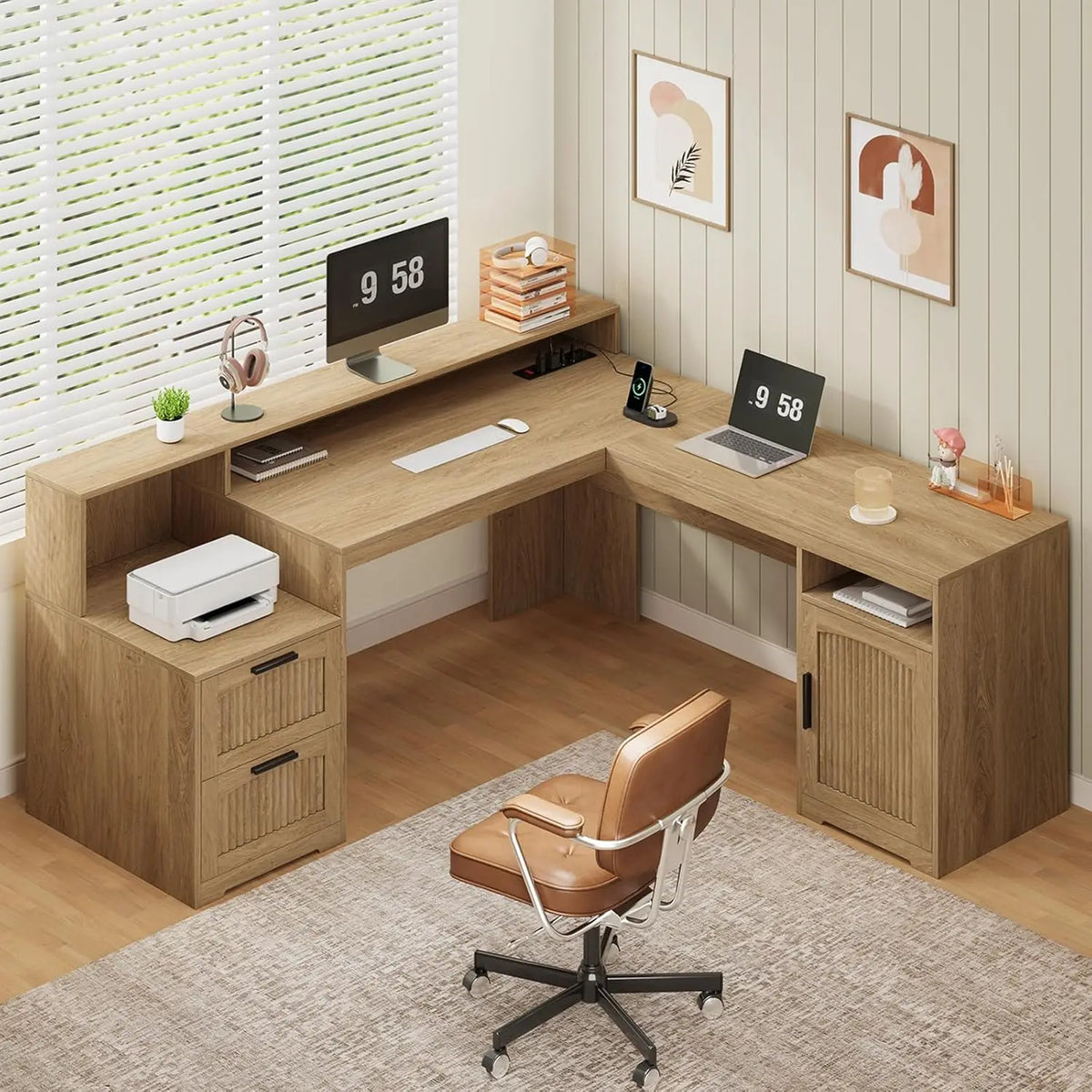63" Farmhouse L Shaped Executive Desk with Drawers & Storage Shelf, Corner Computer Desk with Power Outlets, L Shaped, Custom