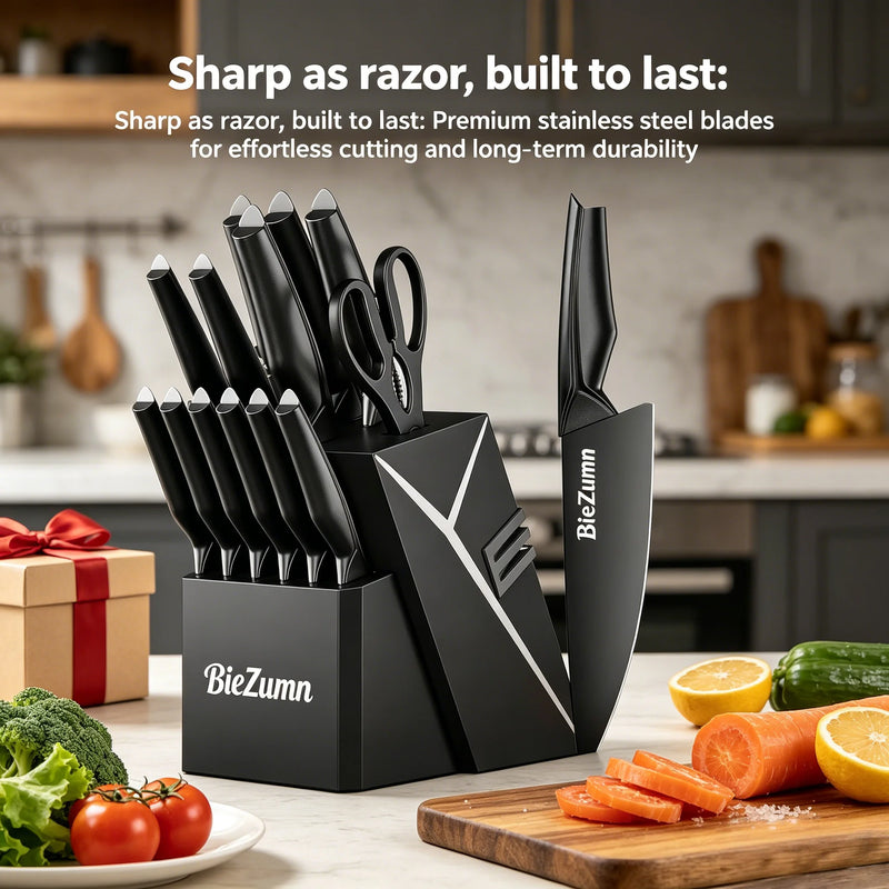 15-piece kitchen knife set with knife block, full stainless steel kitchen knife set, including chef's knife, slicing knife, steak knife and kitchen scissors, for home kitchen, ideal for home cooking and professional ch