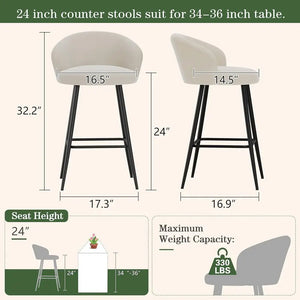 Set of 4, 24 Velvet Counter Height Barstools with Backrest and Metal Legs, Beige