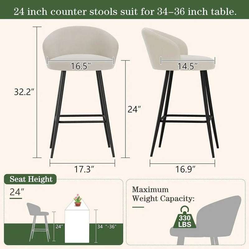 Set of 4, 24 Velvet Counter Height Barstools with Backrest and Metal Legs, Beige