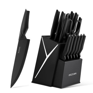 15-piece kitchen knife set with knife block, full stainless steel kitchen knife set, including chef's knife, slicing knife, steak knife and kitchen scissors, for home kitchen, ideal for home cooking and professional ch