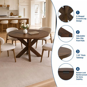 47" Round Dining Table For 4-6, Farmhouse Wood Kitchen Table With X Pedestal Base, Circle Table For Dining Room Apartment Restaurant