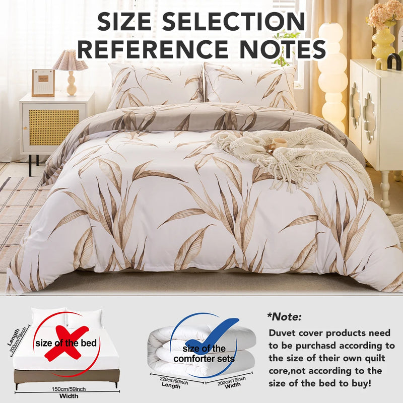 3pcs Fashion Reversible Watercolor Brown Tropical Leaf Printed Duvet Cover Set, Soft And Breathable, All-Season Universal
