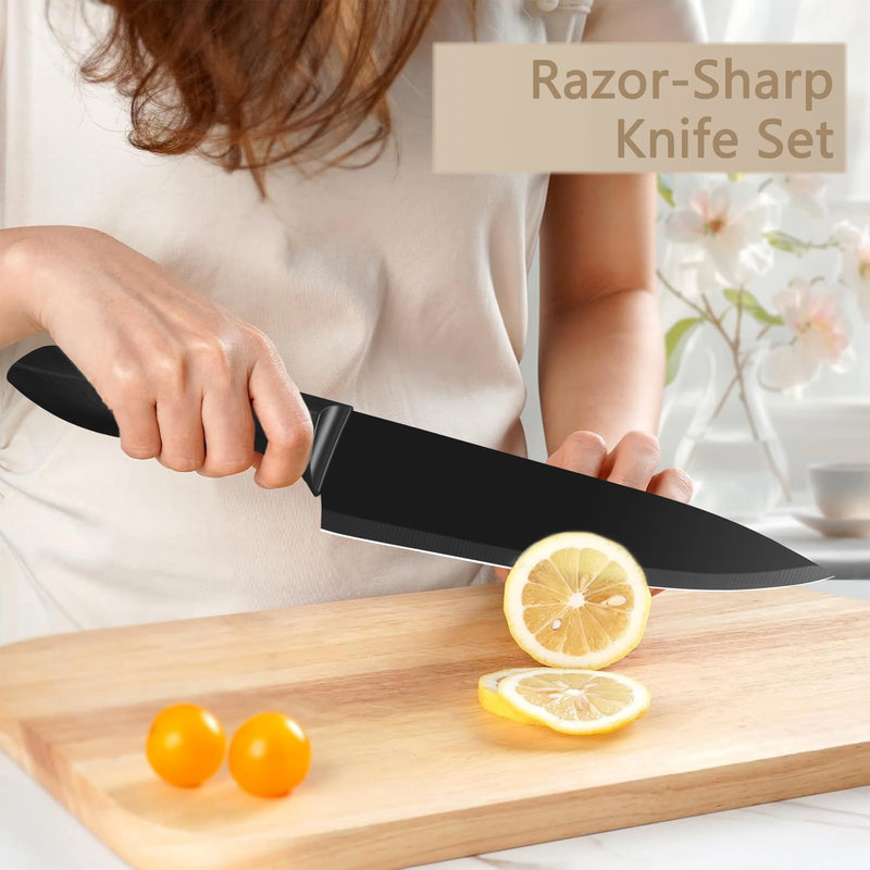 10Pcs Black Coated Kitchen Knife Set with Stainless Steel Universal Knife Block, Sharp Chef Bread Paring Knives + Peeler Scissors Mini Sharpener, Multi-purpose Household Cooking Cutlery Gift Set
