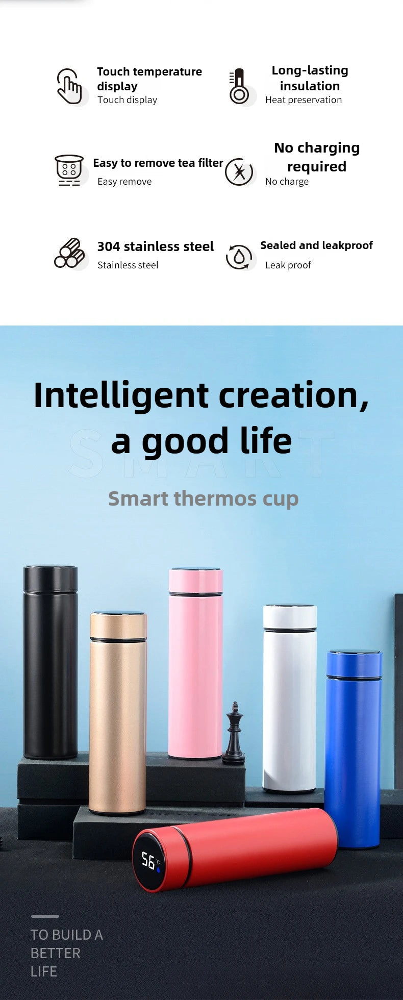 500ML Temperature Display Thermos Cup Stainless Steel Divided Thermos Bottle Outdoor Vacuum Insulated Cup Father's Day Gift