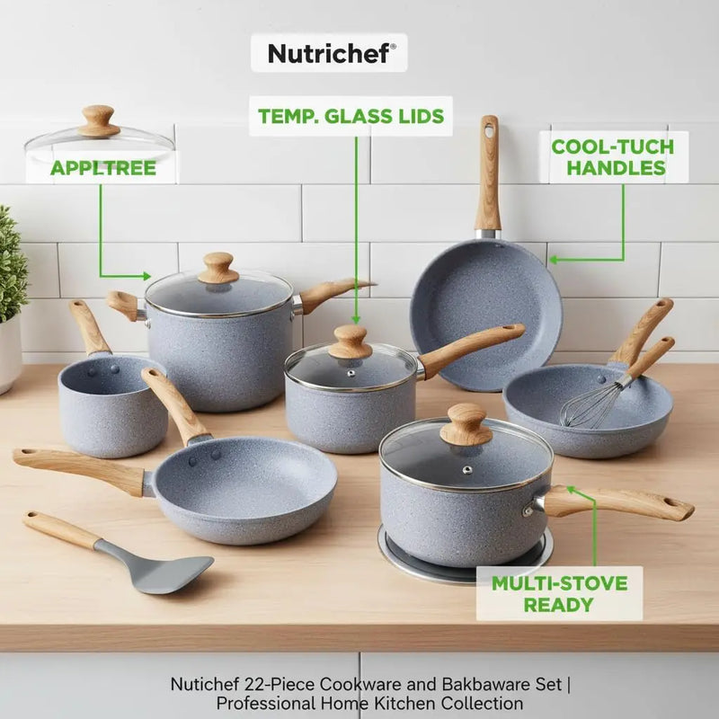 22-Piece Nonstick Cookware Set – Pots and Pans Set with Bakeware & Cooking Utensils, Induction Compatible, PFOA & PFOS Free, Mar