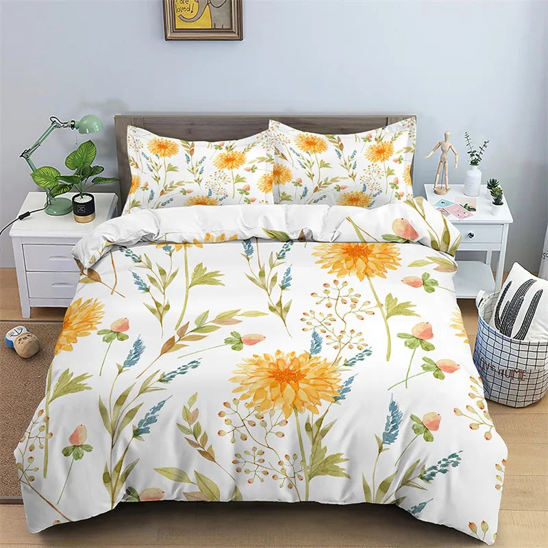 Floral Duvet Cover Microfiber 2/3pcs Queen Daisy Bedding Set Leaves Plant Print Soft Breathable Quilt Cover With Zipper Closure