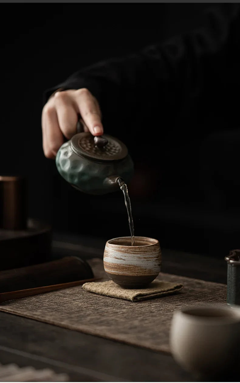 1pc Japanese Style Handmade Stoneware Tea Cup Kung Fu Tea Set Tea Cup Small Single Cup Ancient Style Quiet Road Cup Bowl Teacup