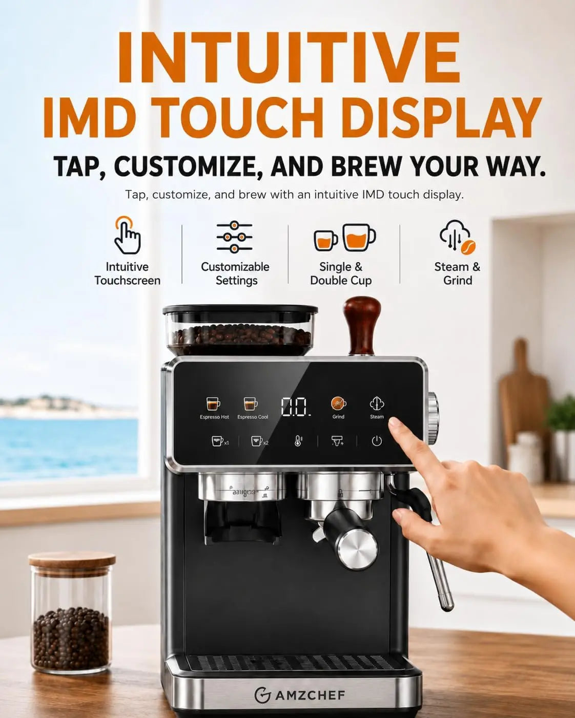Espresso Machine with Grinder, Latte & Cappuccino for Home Use | 20 Bar Coffee Maker, Milk Frother, 3-Level PID Temp Control, 20