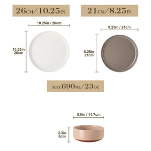 MALACASA TARA 12/24 Pcs Dinnerware Set Curved Edge Sesame Glaze Stoneware Plates Set With 4/6pcs Dinner Plate/Dessert/Bowl