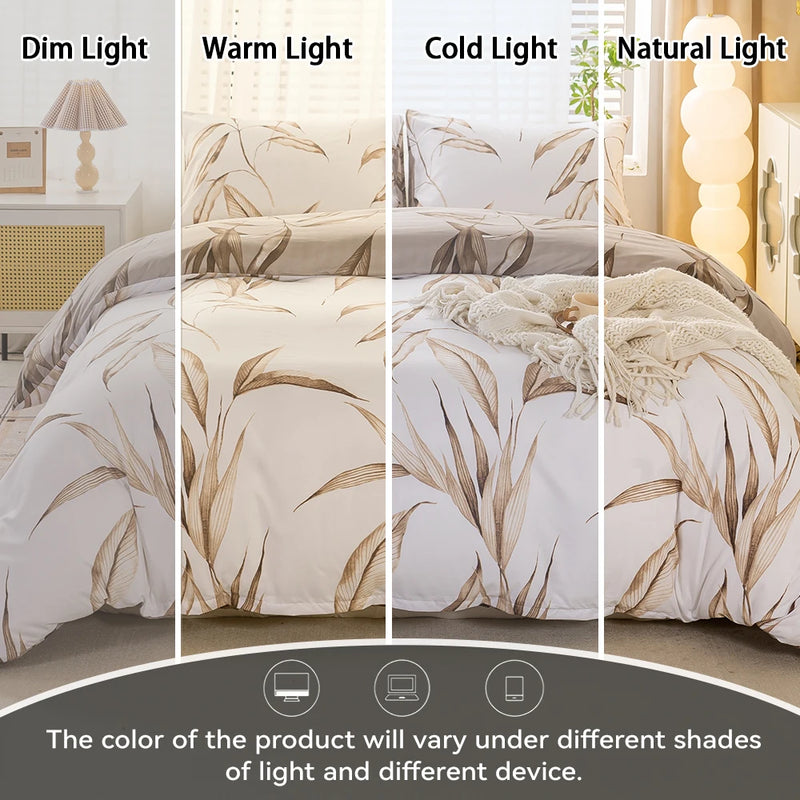 3pcs Fashion Reversible Watercolor Brown Tropical Leaf Printed Duvet Cover Set, Soft And Breathable, All-Season Universal