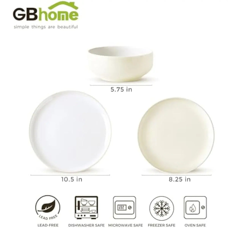 Stoneware Dinner Set for 4 People • 12-Piece Glossy Tableware Collection • 4 Dinner Plates 10.5 in • 4 Salad Plates 8.25 in • 4