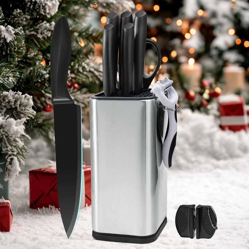 10Pcs Black Coated Kitchen Knife Set with Stainless Steel Universal Knife Block, Sharp Chef Bread Paring Knives + Peeler Scissors Mini Sharpener, Multi-purpose Household Cooking Cutlery Gift Set