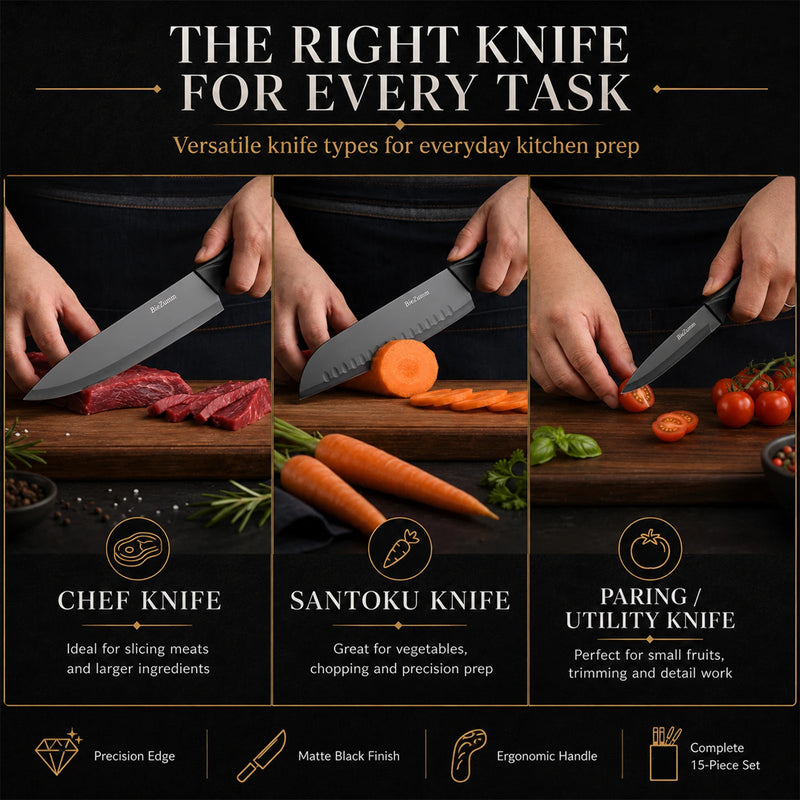 15-piece kitchen knife set with knife block, full stainless steel kitchen knife set, including chef's knife, slicing knife, steak knife and kitchen scissors, for home kitchen, ideal for home cooking and professional ch