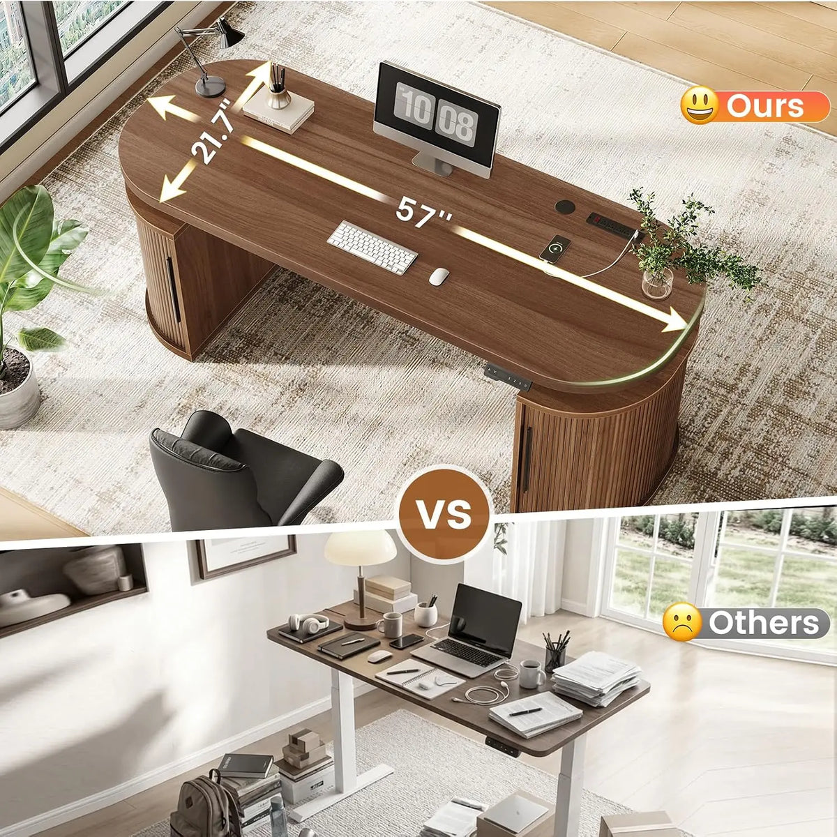 57" Standing Desk with Storage, Electric Height Adjustable Executive Fluted Desk with Curved Cabinets, Computer, Customized