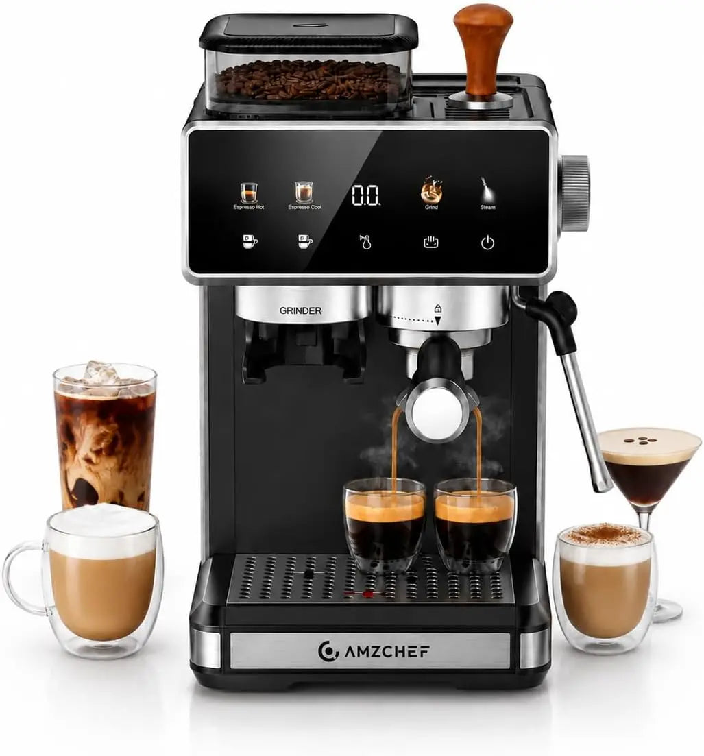 Espresso Machine with Grinder, Latte & Cappuccino for Home Use | 20 Bar Coffee Maker, Milk Frother, 3-Level PID Temp Control, 20