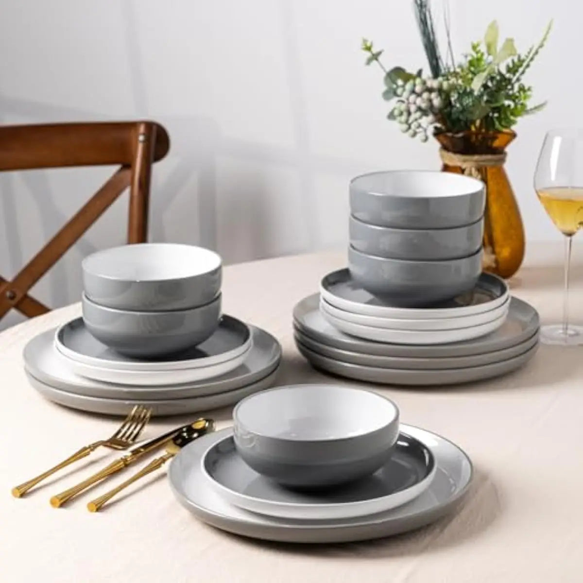 Stoneware Dinner Set for 4 People • 12-Piece Glossy Tableware Collection • 4 Dinner Plates 10.5 in • 4 Salad Plates 8.25 in • 4