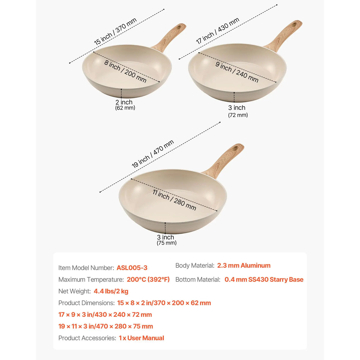 Aluminum Egg Fry Pans 3 Piece Set (8 9.5 11 In) Nonstick Ceramic Heavy Duty Skillets with Heat Resistance Frying Pan Skillet