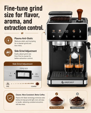 Espresso Machine with Grinder, Latte & Cappuccino for Home Use | 20 Bar Coffee Maker, Milk Frother, 3-Level PID Temp Control, 20
