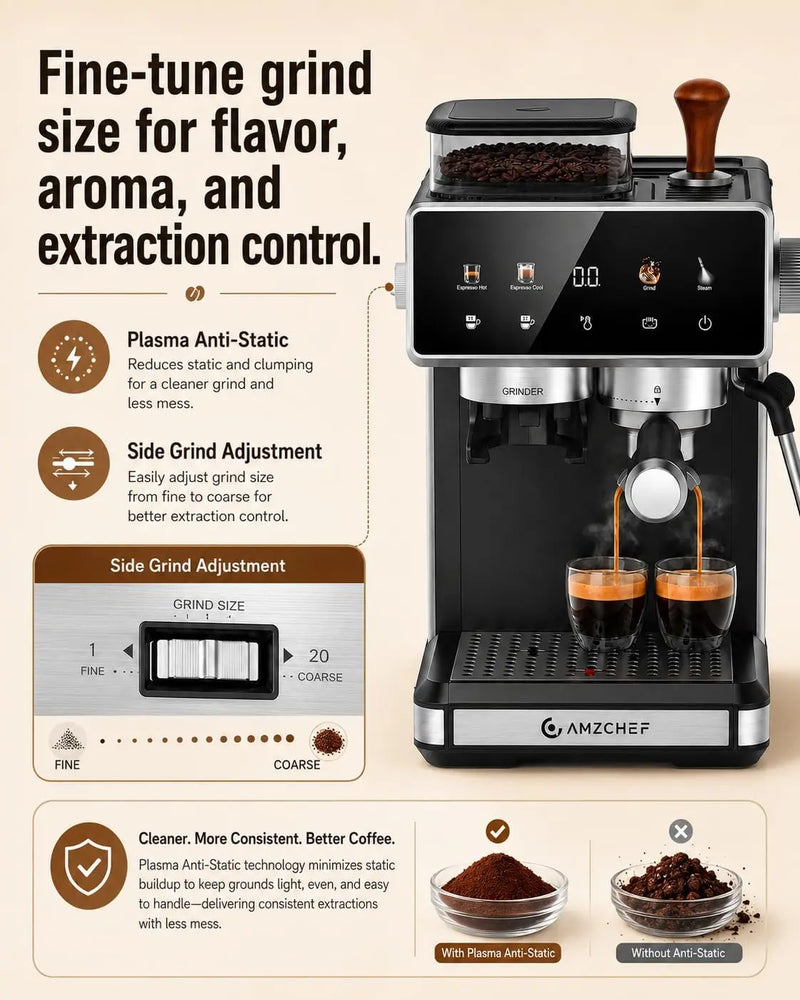 Espresso Machine with Grinder, Latte & Cappuccino for Home Use | 20 Bar Coffee Maker, Milk Frother, 3-Level PID Temp Control, 20