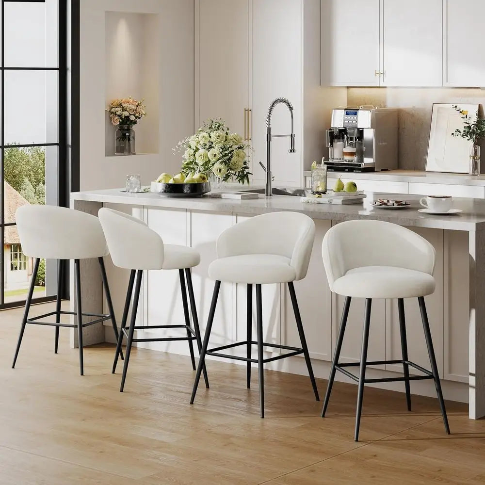 Set of 4, 24 Velvet Counter Height Barstools with Backrest and Metal Legs, Beige