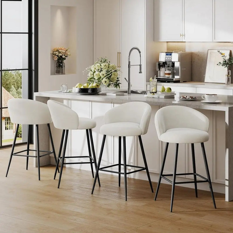 Set of 4, 24 Velvet Counter Height Barstools with Backrest and Metal Legs, Beige