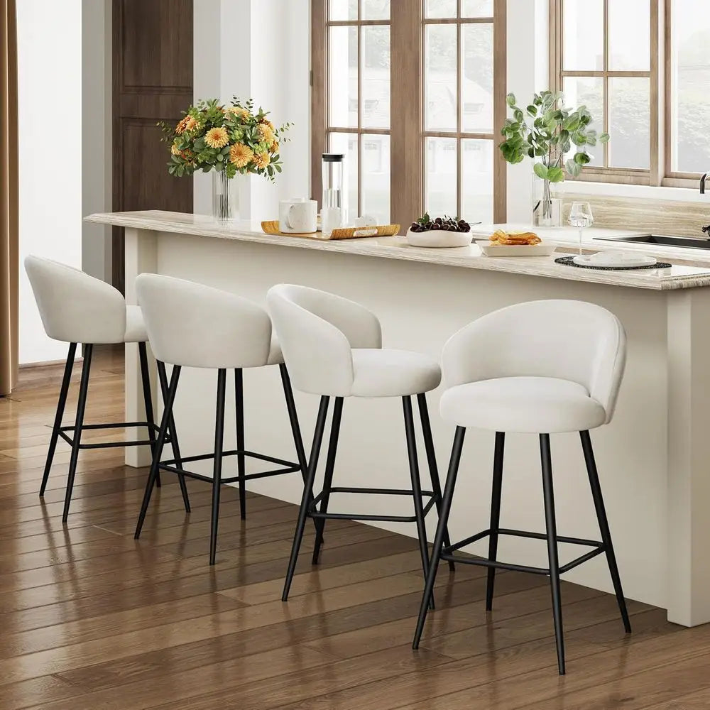 Set of 4, 24 Velvet Counter Height Barstools with Backrest and Metal Legs, Beige