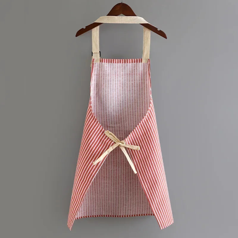 Household Striped Linen Apron Sleeveless Hanging Neck Elasticity Adjustable Apron Kitchen Cooking Gardening Kitchen Accessories