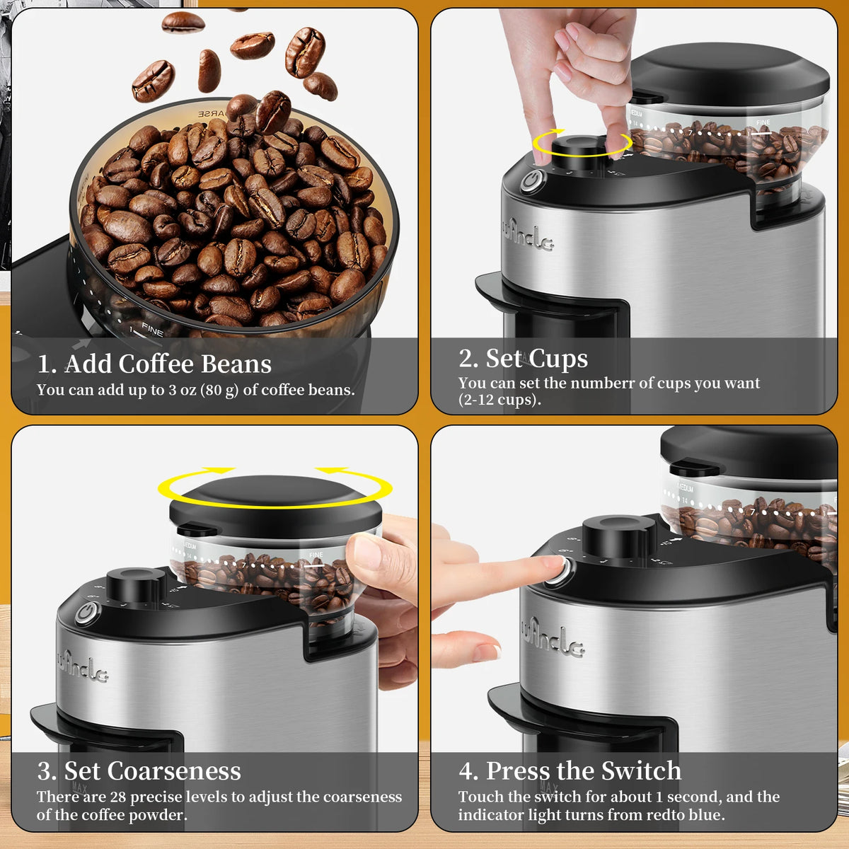 Automatic Burr Coffee Grinder 200W Electric Coffee Bean Grinder with 28 Precise Grind Settings Stainless Steel Grinding Machine