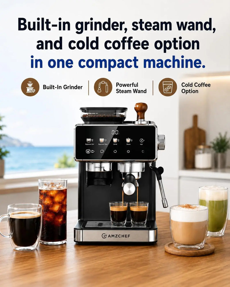 Espresso Machine with Grinder, Latte & Cappuccino for Home Use | 20 Bar Coffee Maker, Milk Frother, 3-Level PID Temp Control, 20