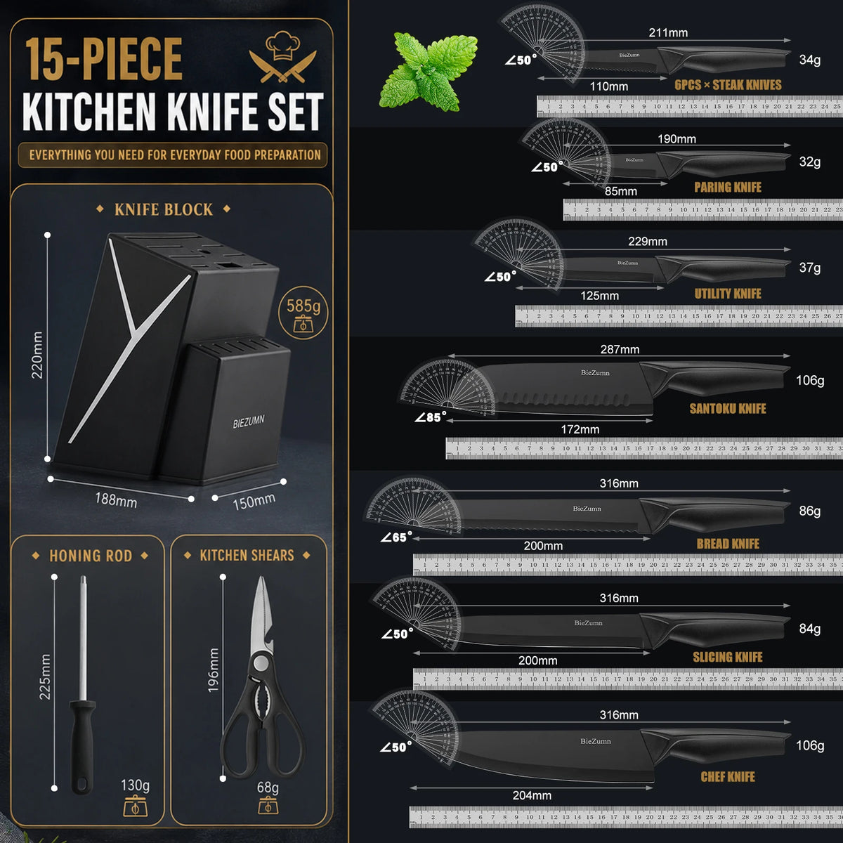 15-piece kitchen knife set with knife block, full stainless steel kitchen knife set, including chef's knife, slicing knife, steak knife and kitchen scissors, for home kitchen, ideal for home cooking and professional ch