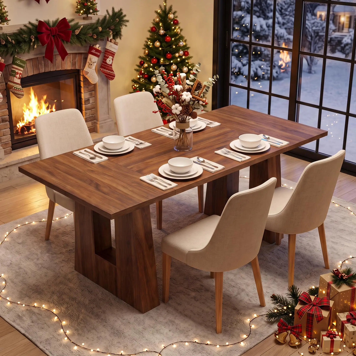 63 Inch Dining Table For 6 People Walnut Wooden Kitchen Table With Heavy Duty Legs Modern Rectangle Table For Kitchen Dining Room