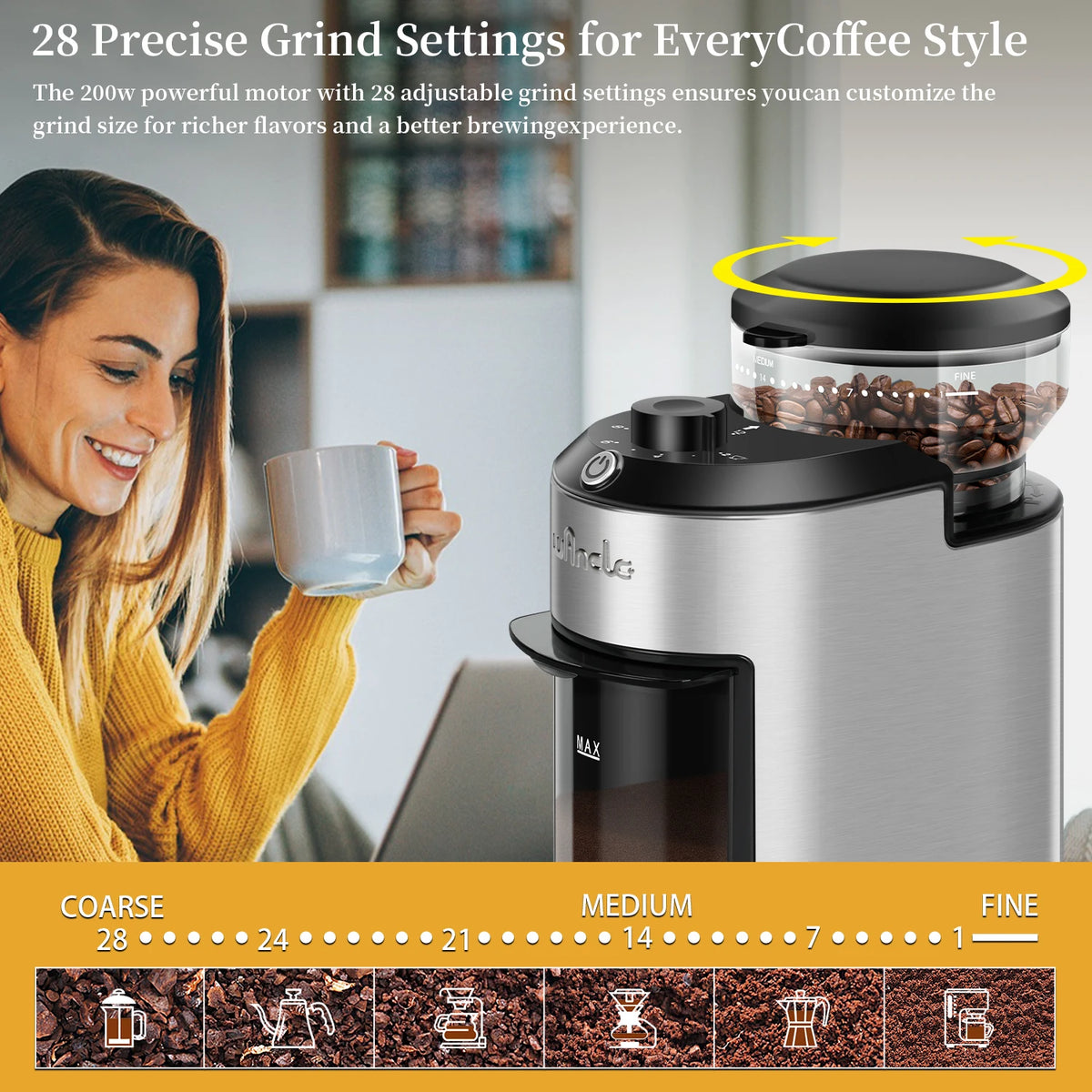Automatic Burr Coffee Grinder 200W Electric Coffee Bean Grinder with 28 Precise Grind Settings Stainless Steel Grinding Machine