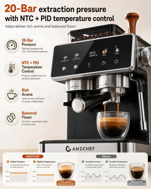 Espresso Machine with Grinder, Latte & Cappuccino for Home Use | 20 Bar Coffee Maker, Milk Frother, 3-Level PID Temp Control, 20