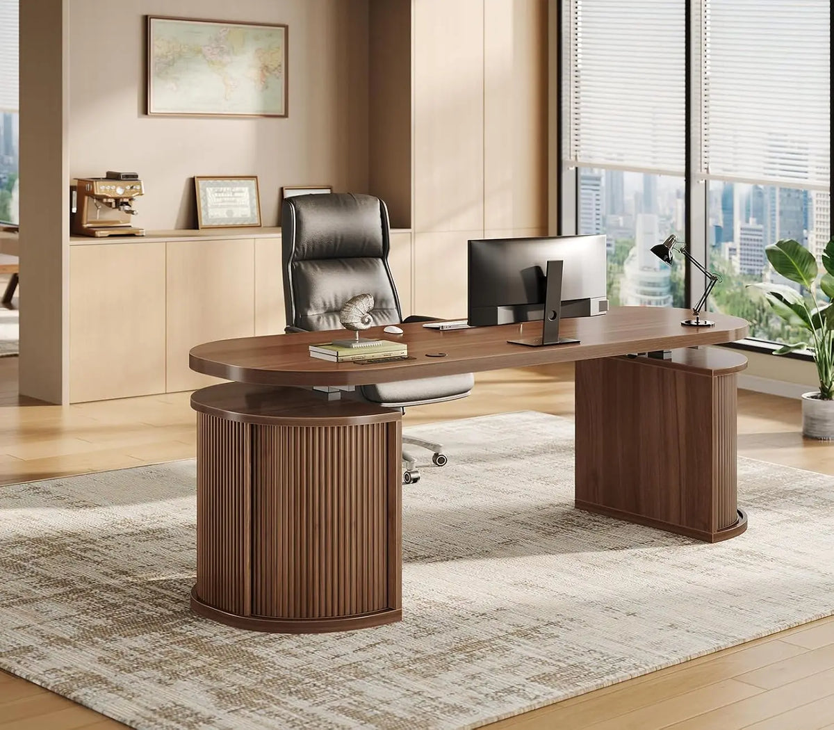 57" Standing Desk with Storage, Electric Height Adjustable Executive Fluted Desk with Curved Cabinets, Computer, Customized